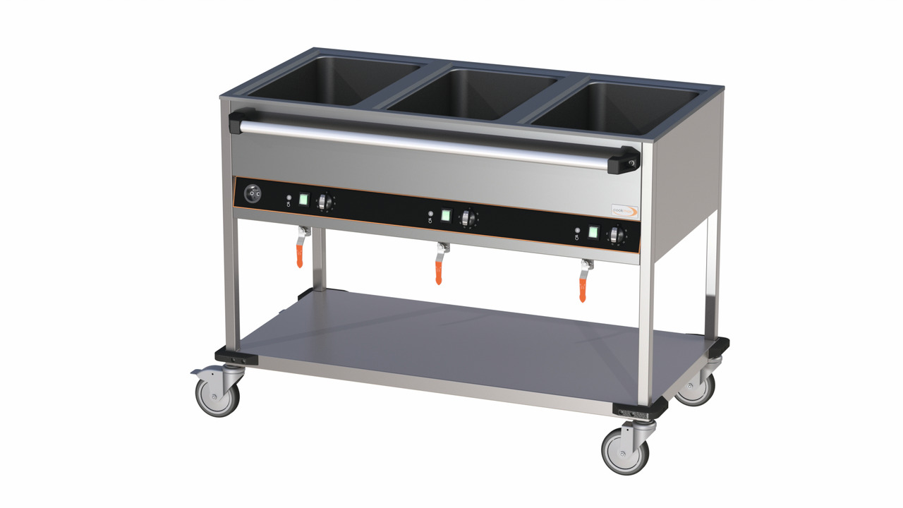 Bain-Marie Wagen, 3 x GN 1/1, Bedienleiste lange Seite, 3 Becken, offener Unterbau