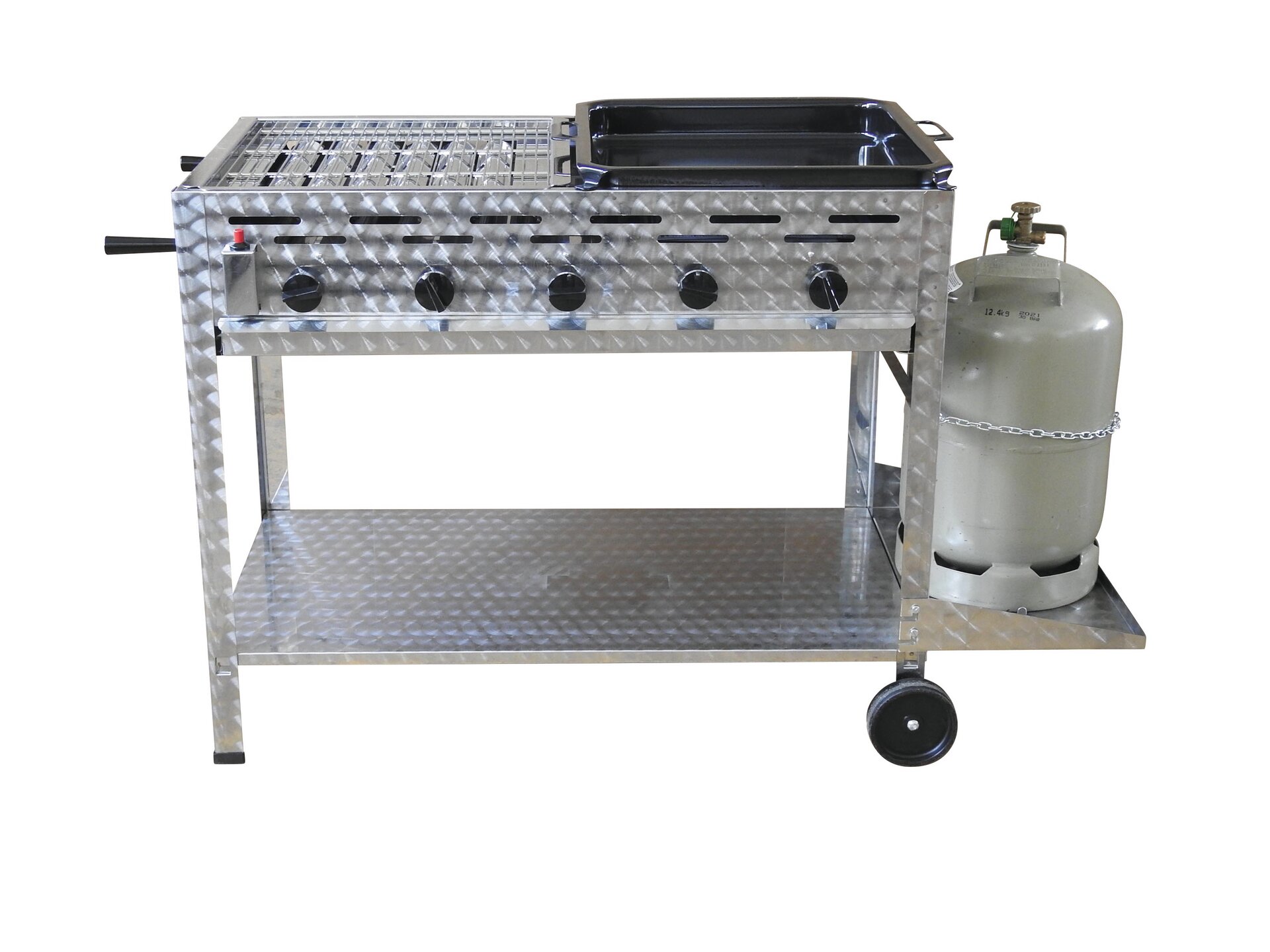 Profi-Gasgrill 5 flammig, fahrbar, mit 1/2 Rost und 1/2 Pfanne